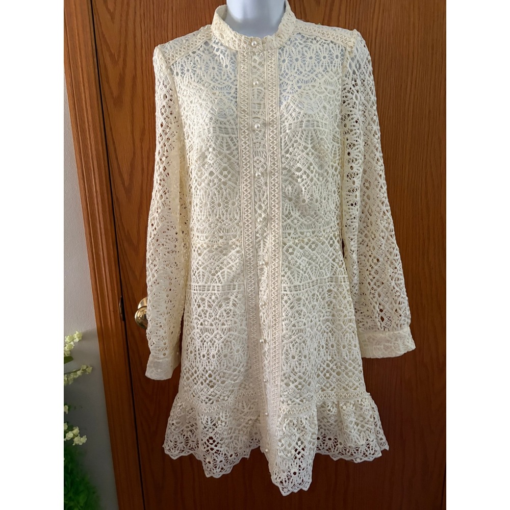 MOTF Premium Cream Guipure Lace Mini Dress Pearl Button High Neck Long Sleeve M